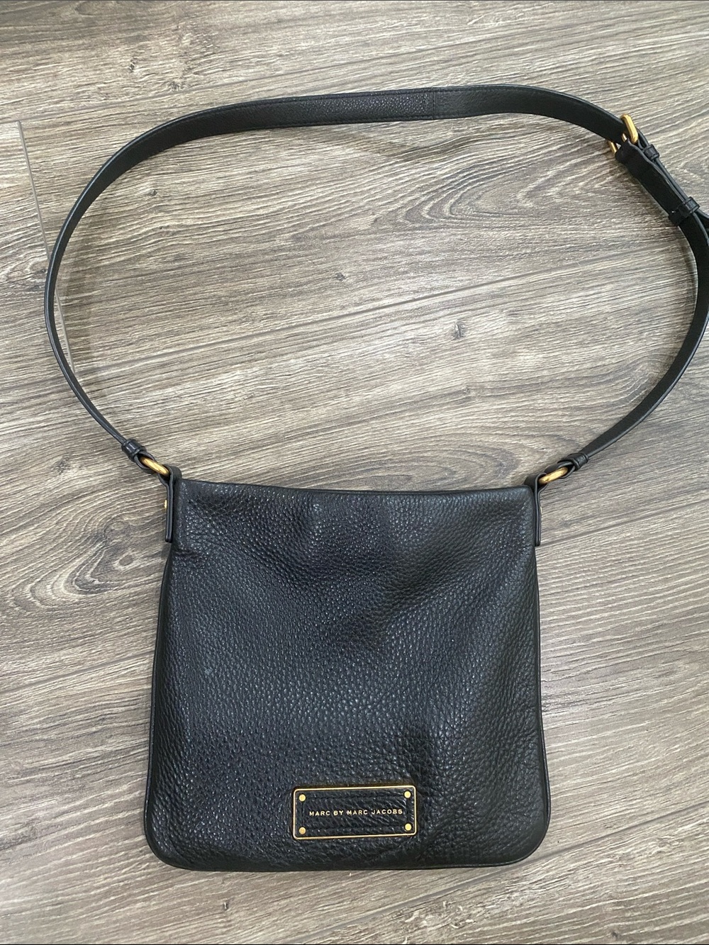 Marc by Marc Jacobs Black Pebbled Leather Mini Crossbody with Gold Plaque